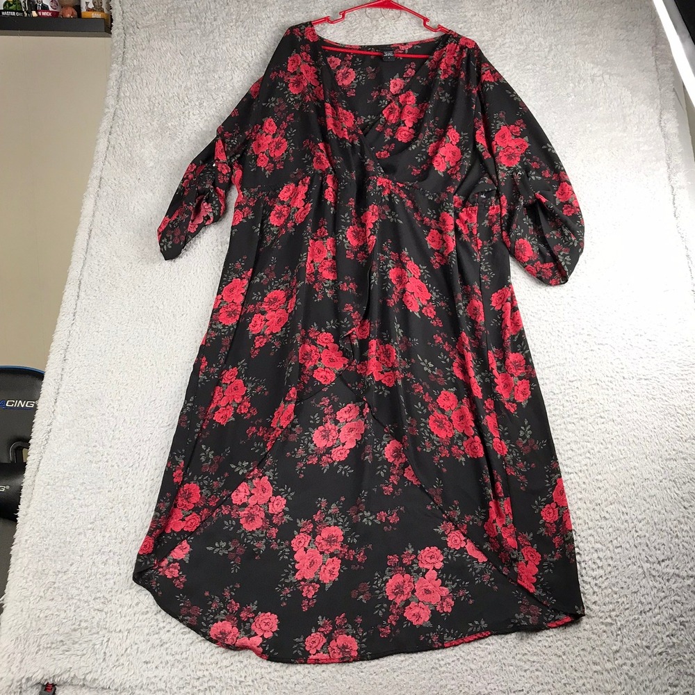 Torrid Faux-Wrap Hi-Low Chiffon Dress Womens 4X Black Red Floral Dark Romantic - Picture 2 of 9